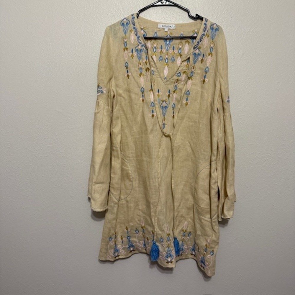 Svitlaya Embroidered Linen Tunic Dress Tan Blue Tassel Bell Sleeve L - Picture 2 of 11